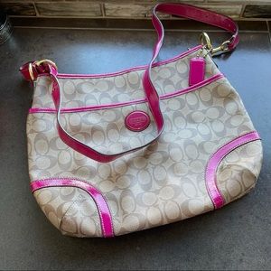 Coach brand crossbody bag. Brown with pink accents. Used once. Free wallet!